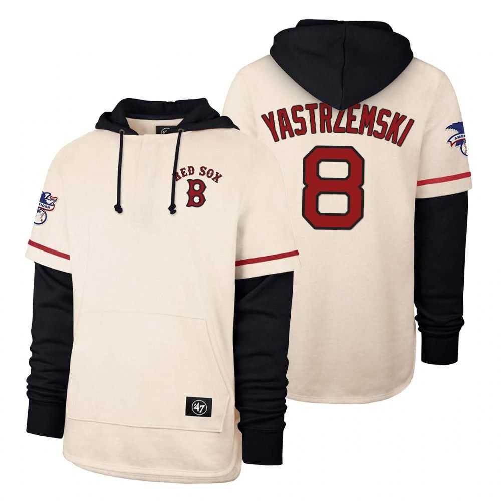 Men Boston Red Sox 8 Yastrzemski Cream 2021 Pullover Hoodie MLB Jersey